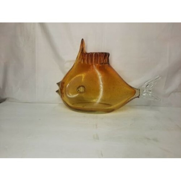 Large Crystal Art Glass Hand Blown Clear Fish Sea Ocean Beach Vase Bowl Amber 11 - Picture 3 of 9
